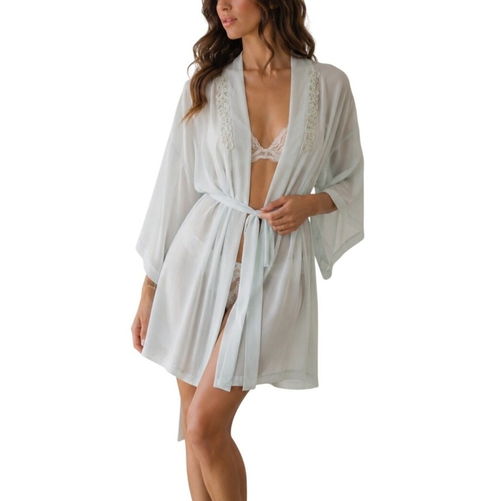 Vintage 90s Coquette Boudoir Embellished Sequins Pastel Light Blue Sheer Robe